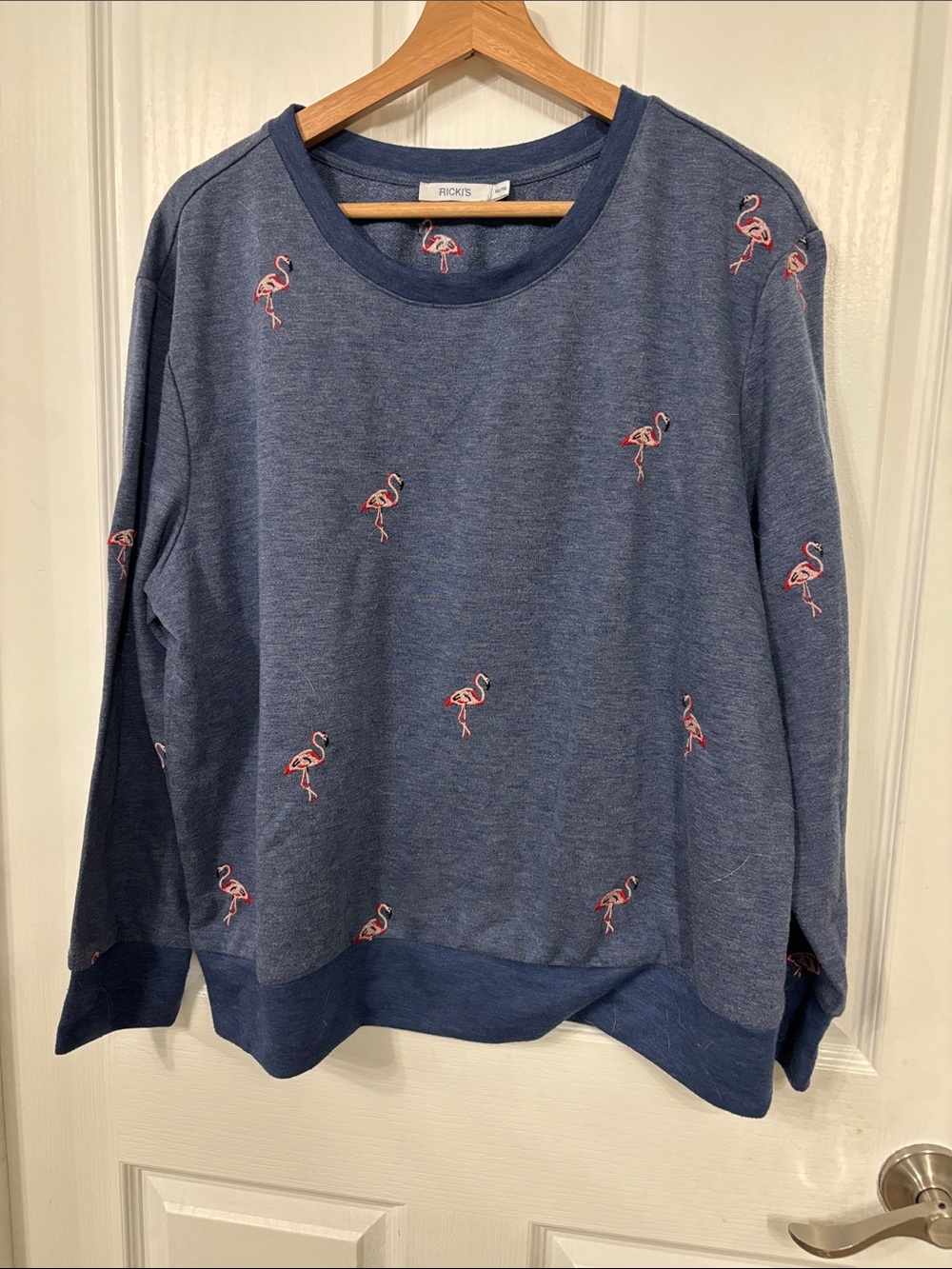 Ricki's Blue Crewneck Sweater with Pink Flamingo Embroidery